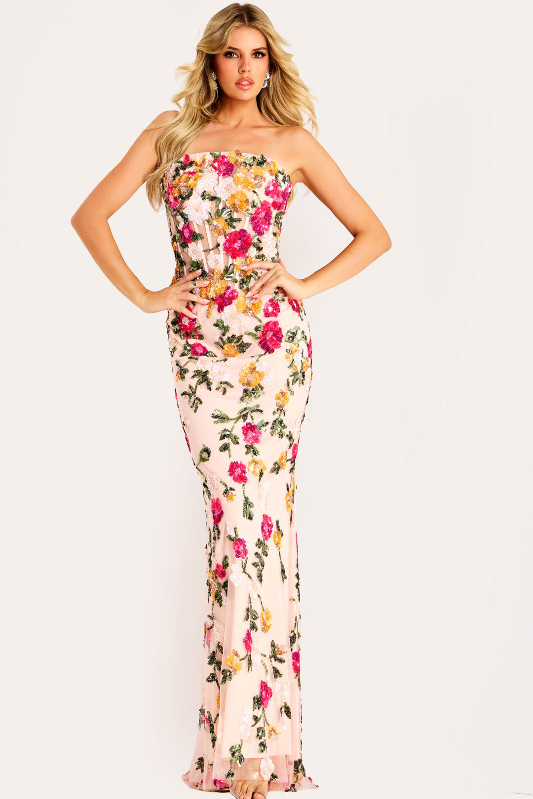 Strapless Floral Embellished Tulle Gown | Jovani 44011