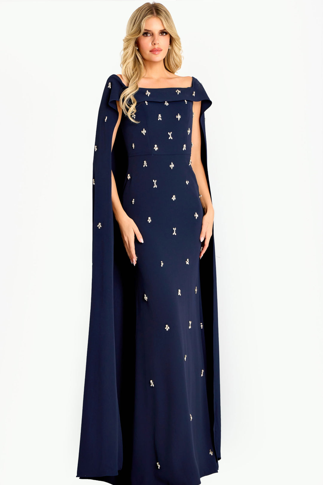 Embellished Cape Shoulder Evening Dress | Jovani 44575