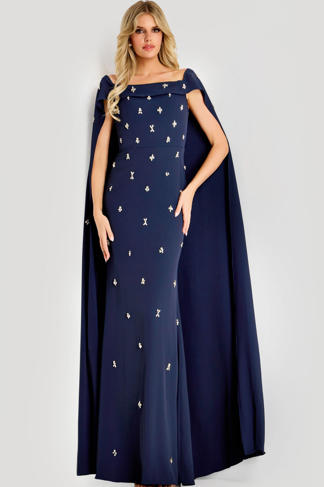 Embellished Cape Shoulder Evening Dress | Jovani 44575