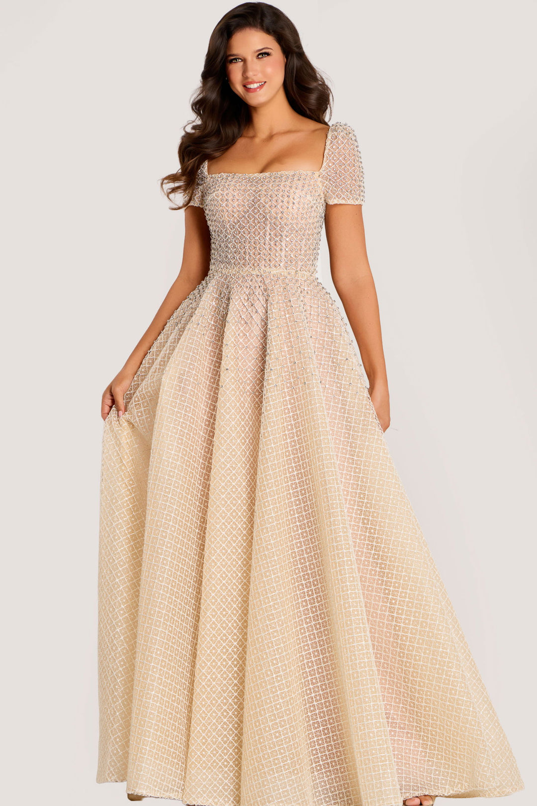 Embellished Diamond Mesh Nude Ball Gown | Jovani 45790