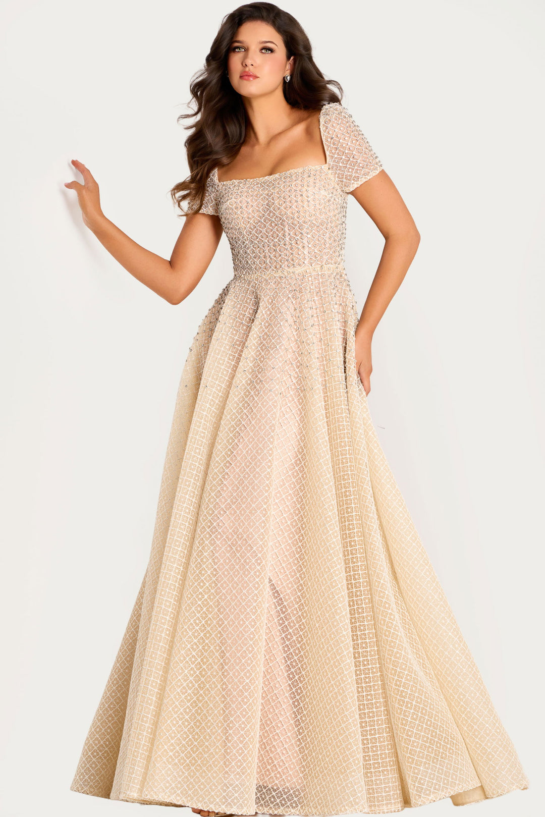 Embellished Diamond Mesh Nude Ball Gown | Jovani 45790