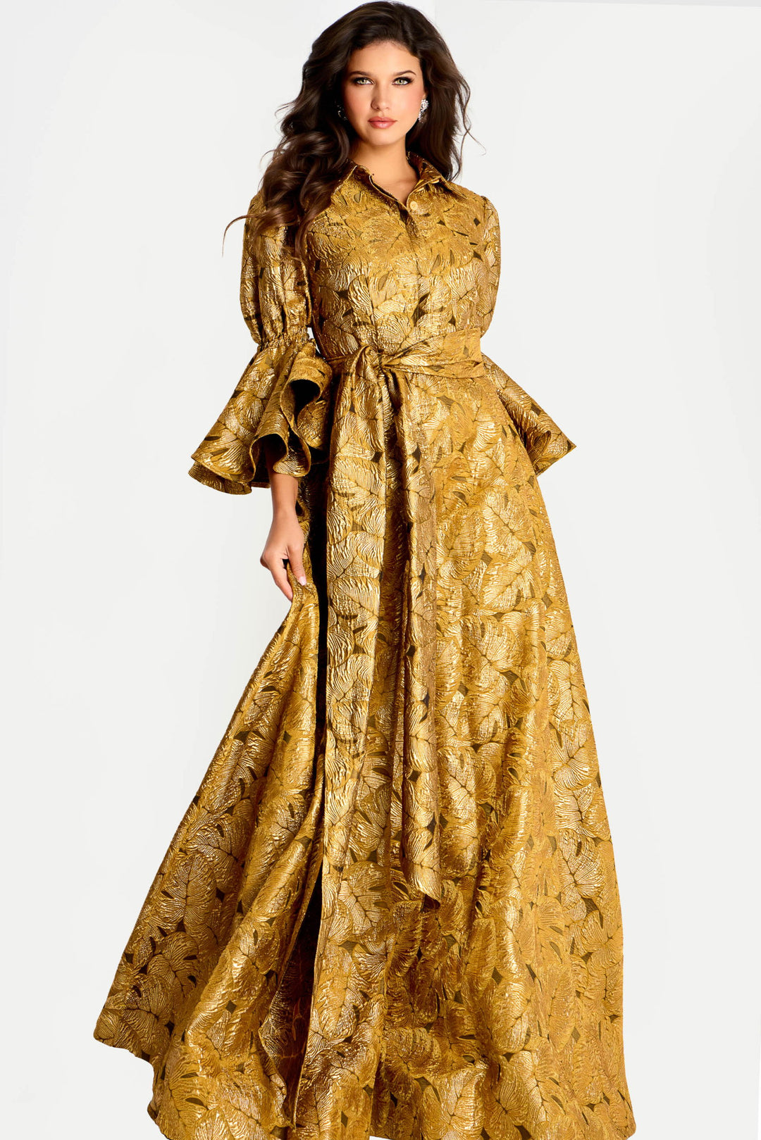 Brocade Belted Gown With Flared Sleeves | Jovani 46287