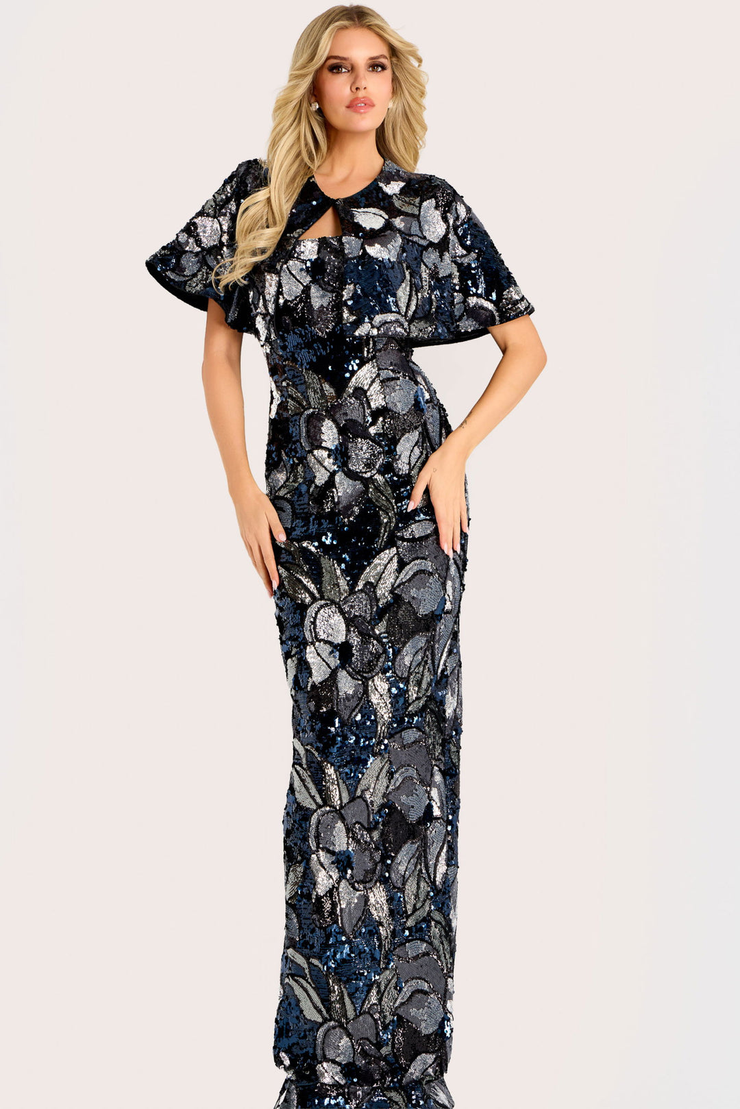 Sequin Floral Cape Sleeve Gown | Jovani 46431