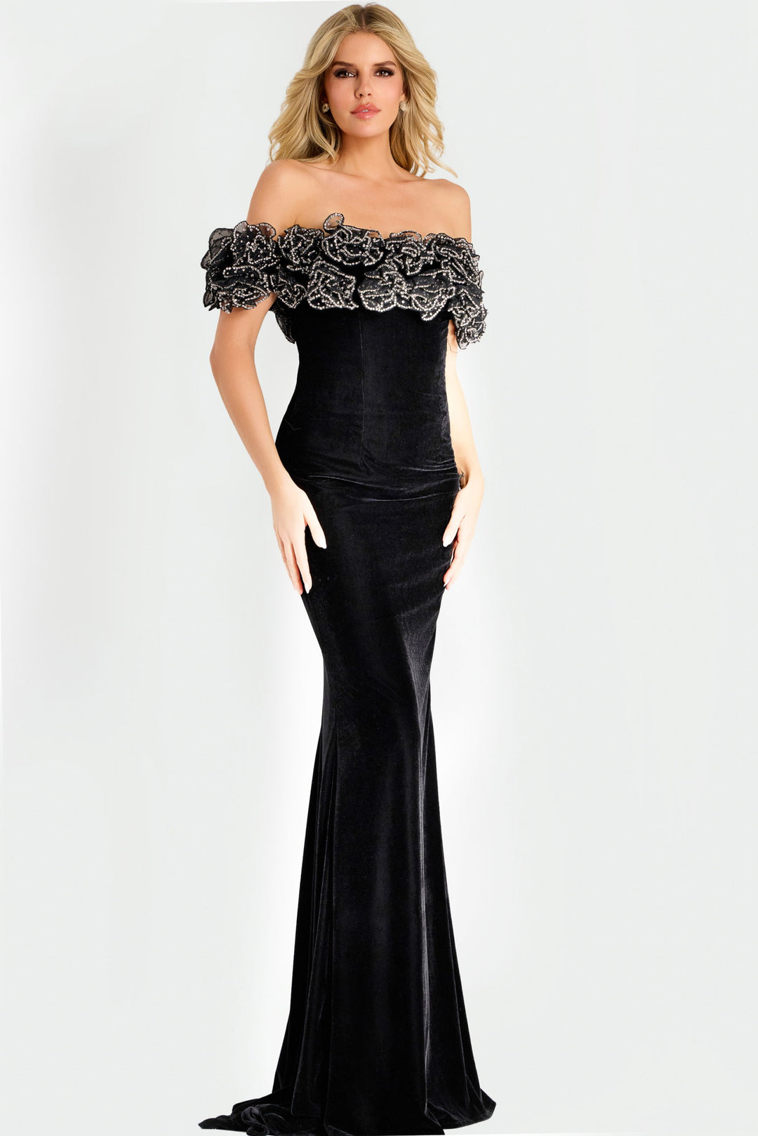 Velvet Off-Shoulder Gown with Beaded Floral Detailing | Jovani 47086