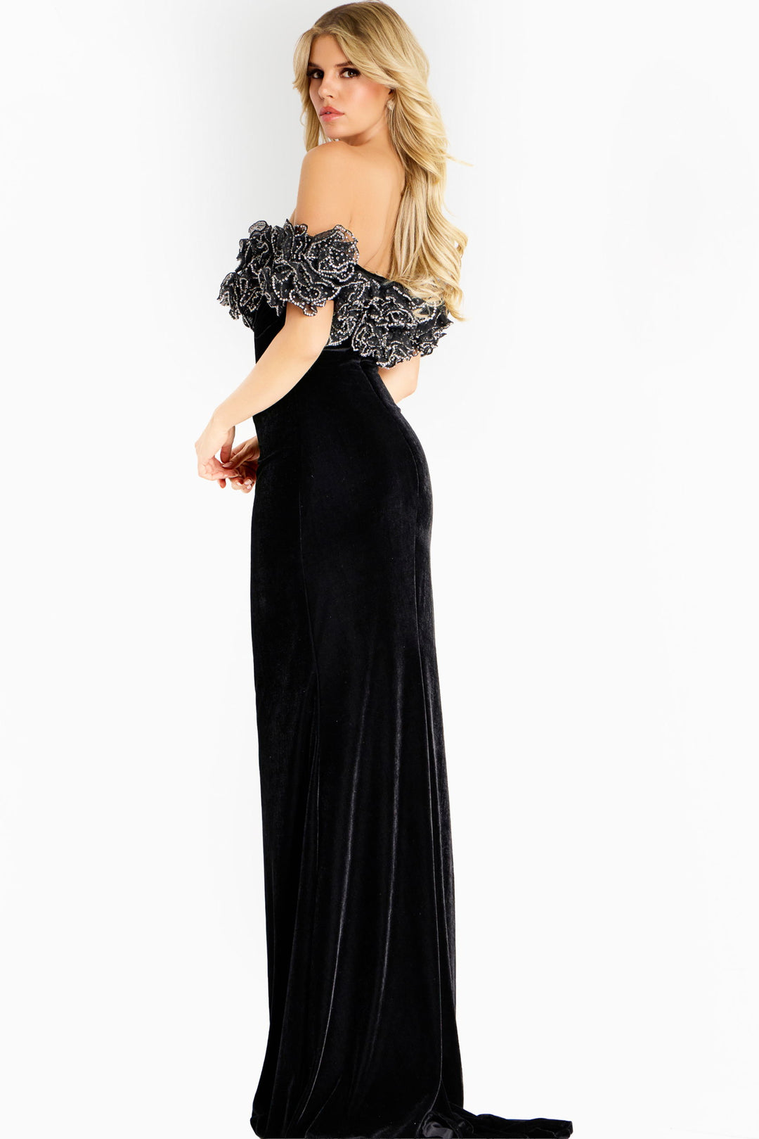 Velvet Off-Shoulder Gown with Beaded Floral Detailing | Jovani 47086