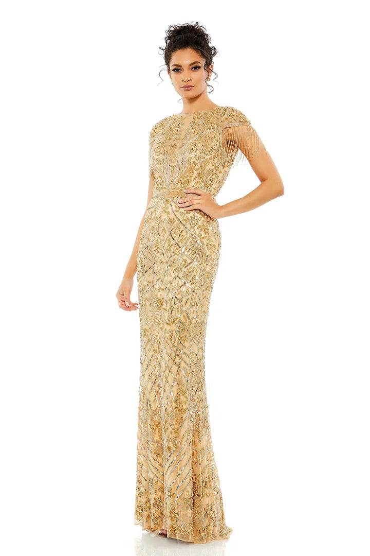Trumpet Gown with Embellished Fringe and Cap Sleeves | Mac Duggal Dress 4715