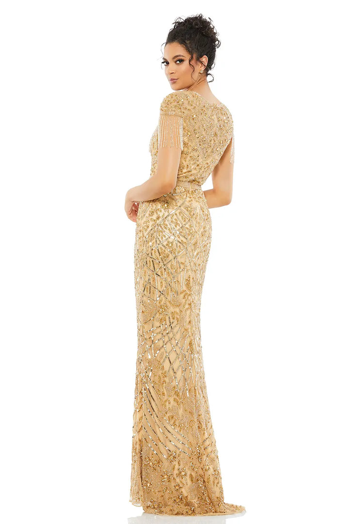 Trumpet Gown with Embellished Fringe and Cap Sleeves | Mac Duggal Dress 4715