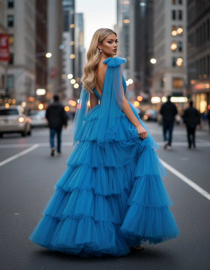 Jovani Style 48288 Layered Tulle Prom Dress With Bow Straps