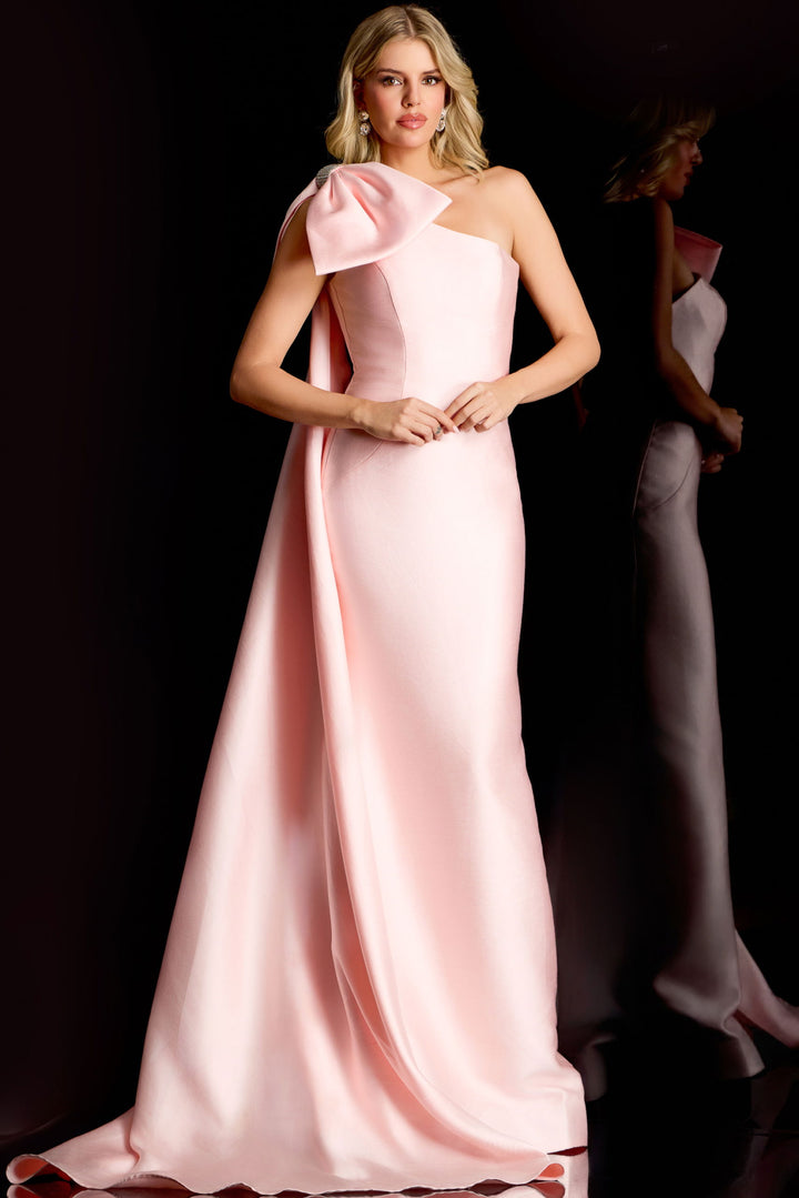 One-Shoulder Satin Gown with Bow Detail | Jovani 48677