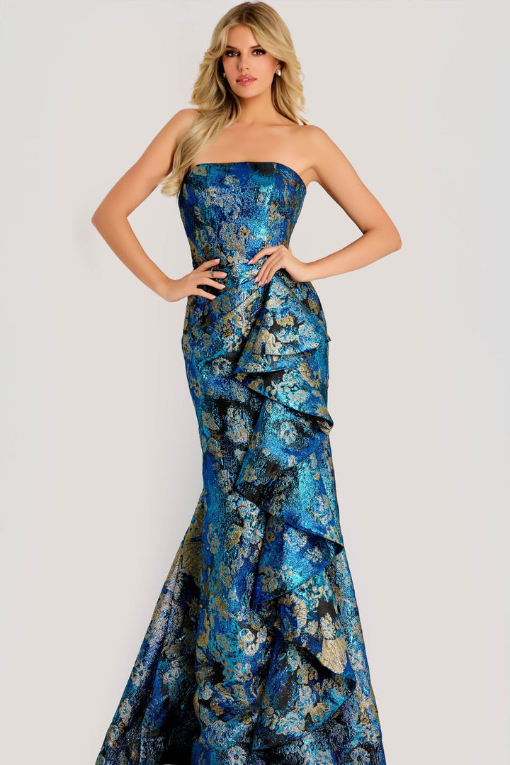 Strapless Metallic Floral Jacquard Gown | Jovani 48706