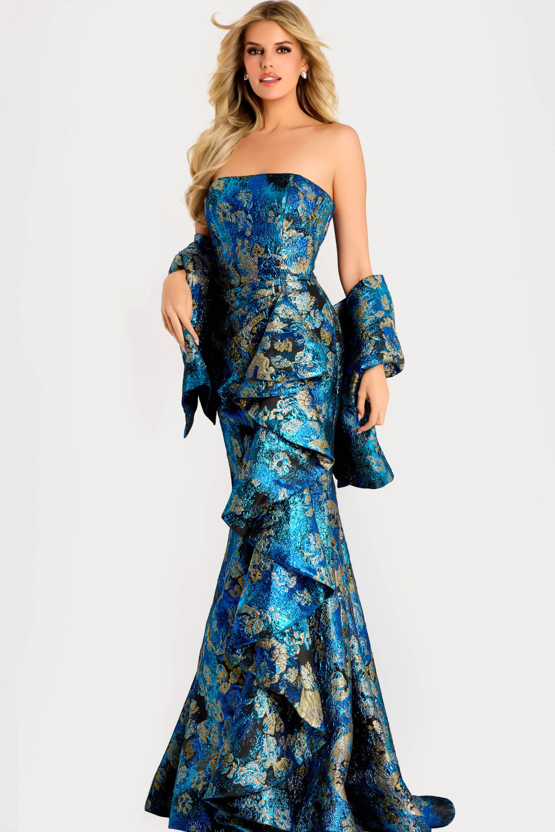 Strapless Metallic Floral Jacquard Gown | Jovani 48706