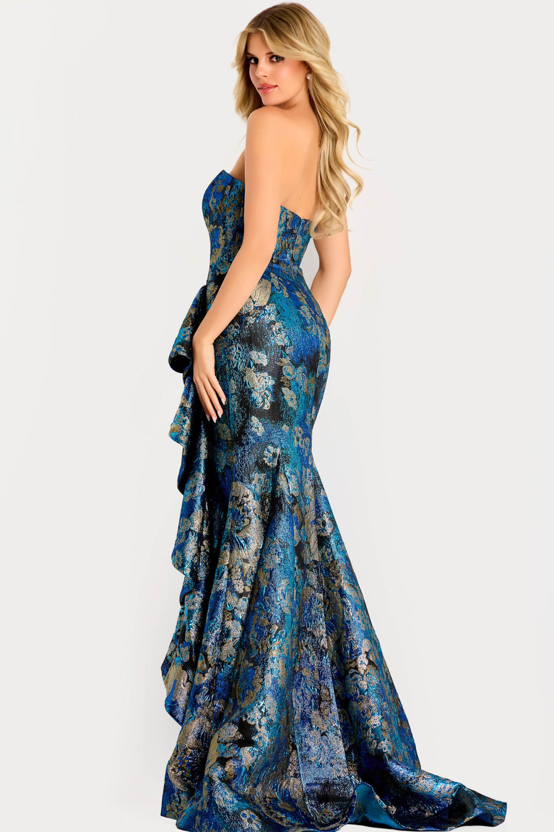 Strapless Metallic Floral Jacquard Gown | Jovani 48706