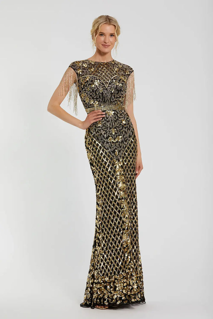 Sleeveless High-Neck Fitted Gown with Beaded Fringe | Mac Duggal Dress 4908