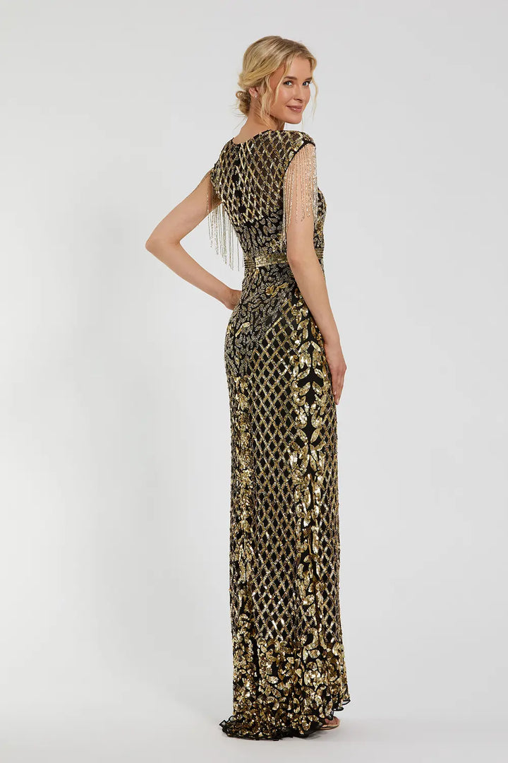 Sleeveless High-Neck Fitted Gown with Beaded Fringe | Mac Duggal Dress 4908