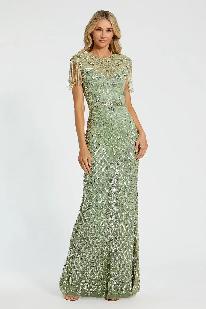 Sleeveless High-Neck Fitted Gown with Beaded Fringe | Mac Duggal Dress 4908