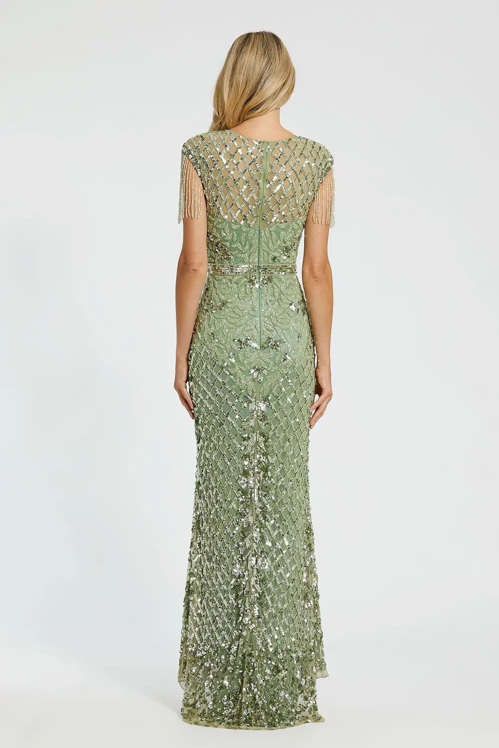 Sleeveless High-Neck Fitted Gown with Beaded Fringe | Mac Duggal Dress 4908