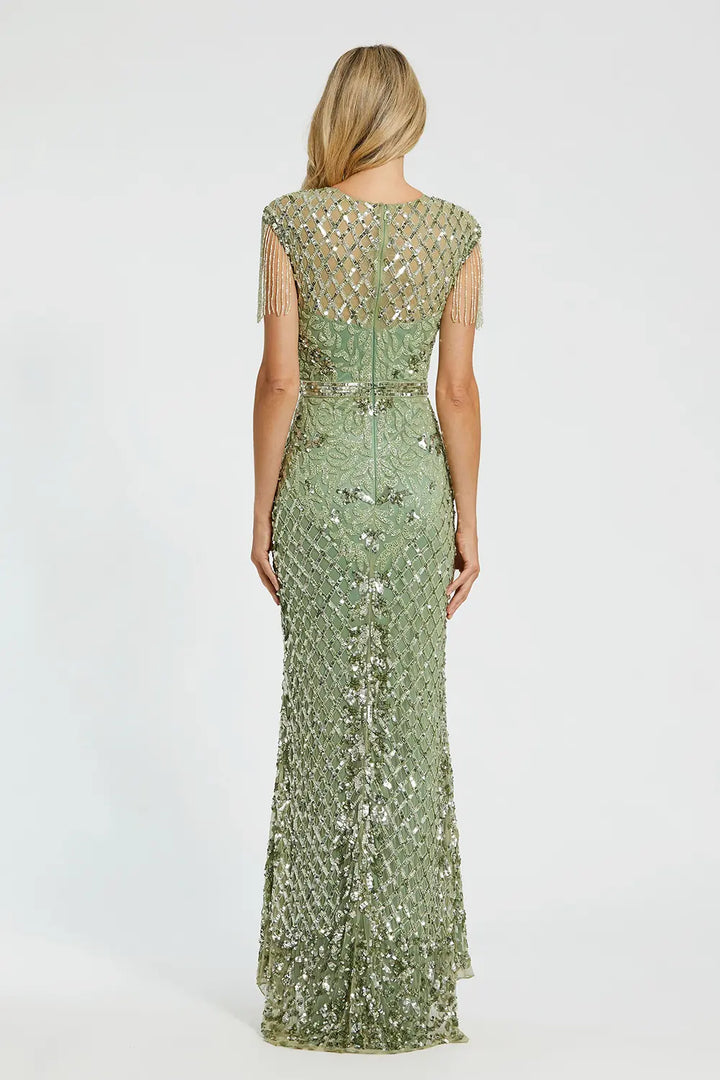 Sleeveless High-Neck Fitted Gown with Beaded Fringe | Mac Duggal Dress 4908