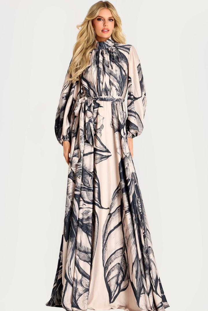 High Neck Long Sleeve Printed Gown | Jovani 49500