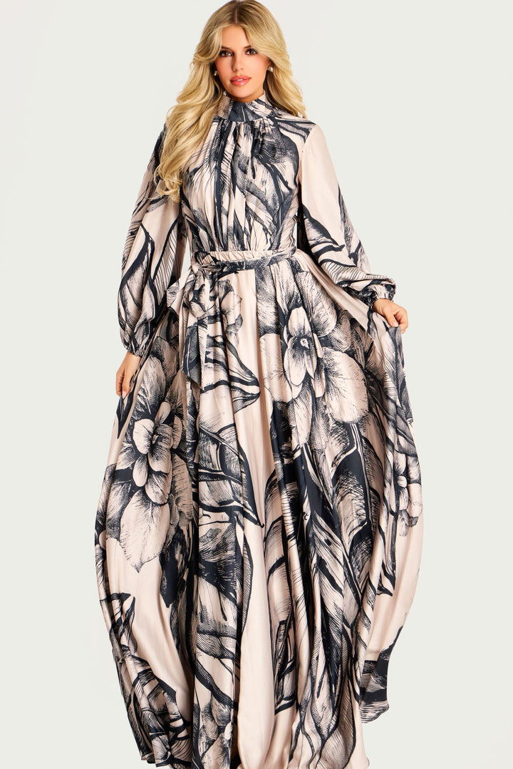 High Neck Long Sleeve Printed Gown | Jovani 49500