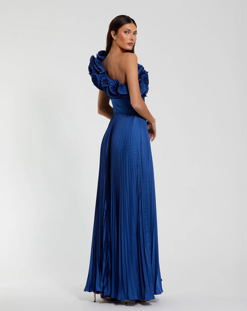 One-Shoulder Charmeuse Gown with Flowing Pleats and Ruffle | Mac Duggal Dress 49902