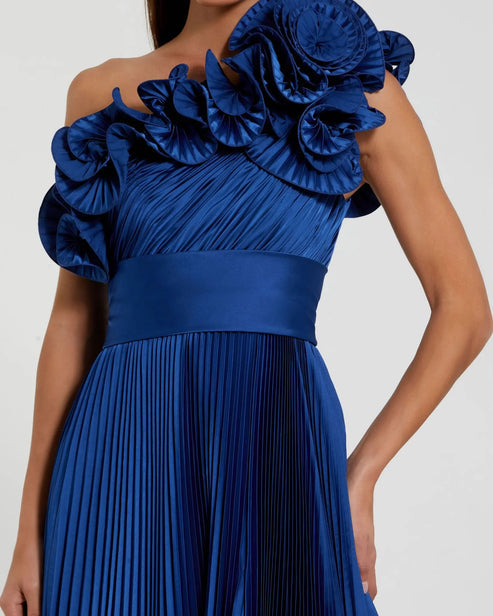 One-Shoulder Charmeuse Gown with Flowing Pleats and Ruffle | Mac Duggal Dress 49902