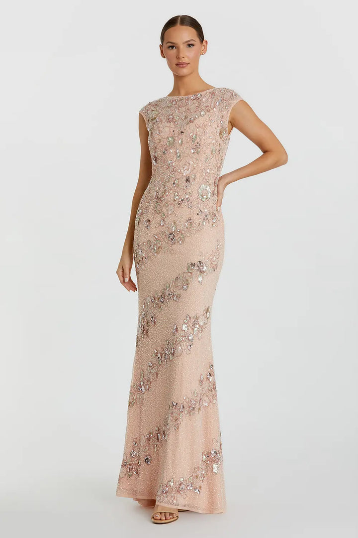 Column Gown with Floral Embellished Sleeves | Mac Duggal Dress 5500