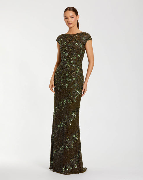 Column Gown with Floral Embellished Sleeves | Mac Duggal Dress 5500