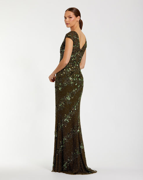Column Gown with Floral Embellished Sleeves | Mac Duggal Dress 5500