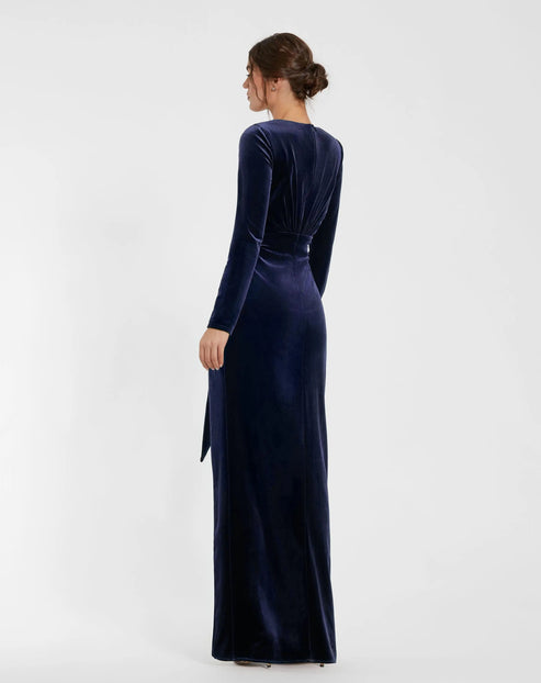 Velvet Column Evening Gown with Ruched Detail | Mac Duggal Dress 56143