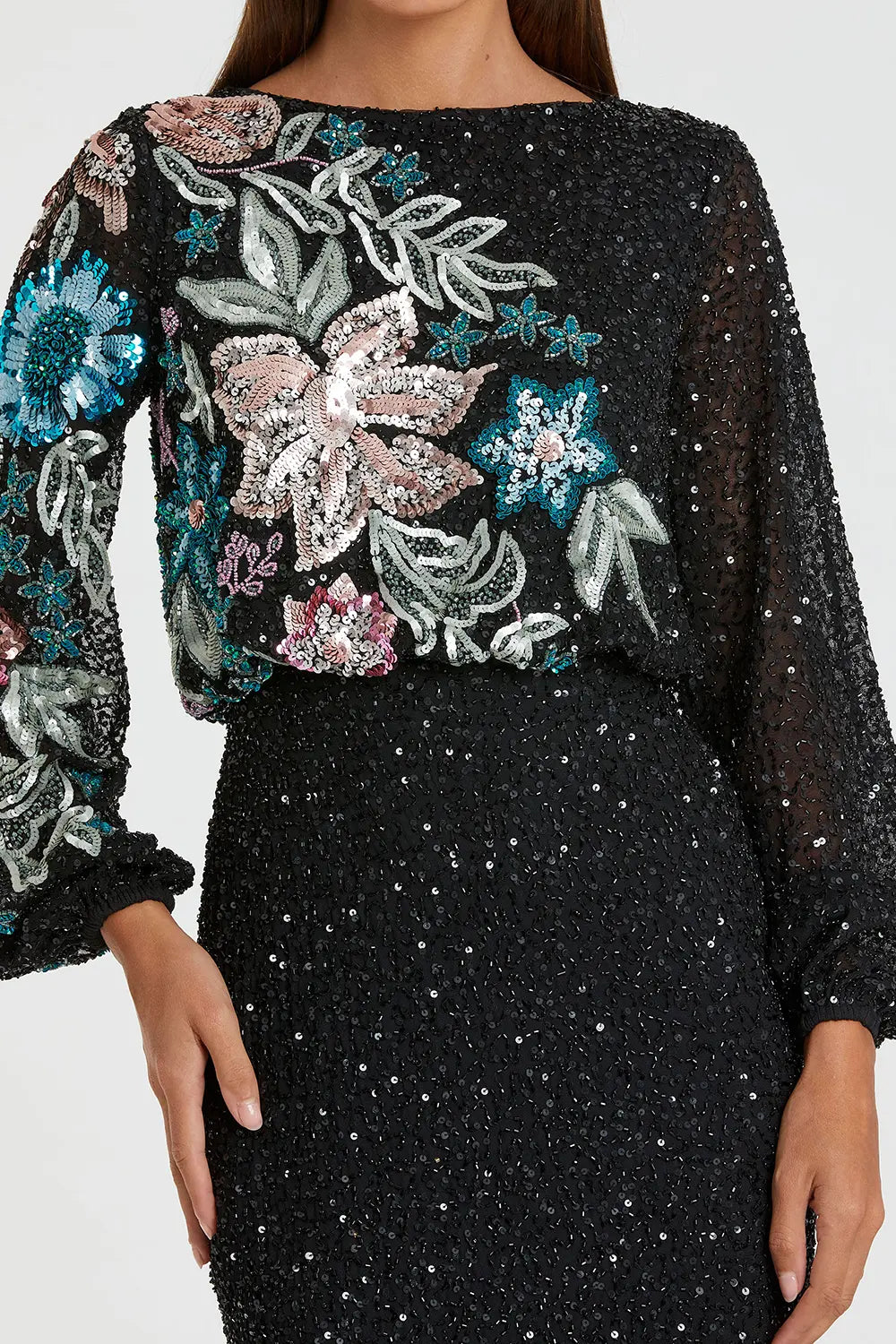 Mac Duggal Dress 5615 – Sequin Floral Long Sleeve Evening Gown