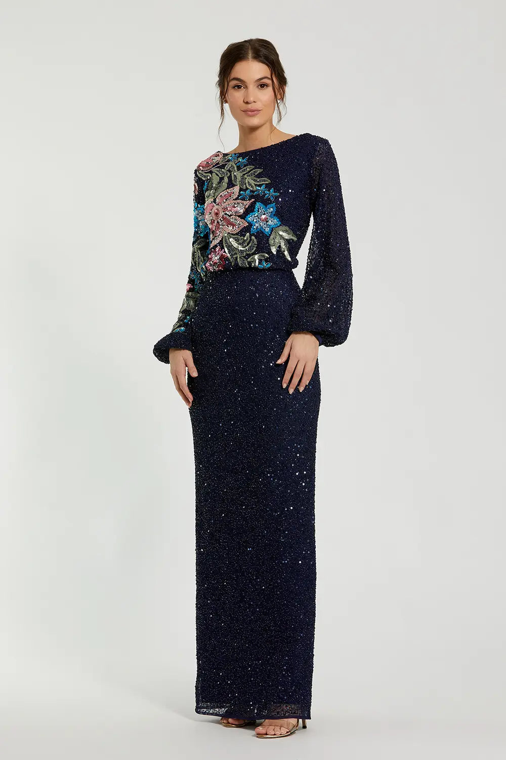 Mac Duggal Dress 5615 – Sequin Floral Long Sleeve Evening Gown