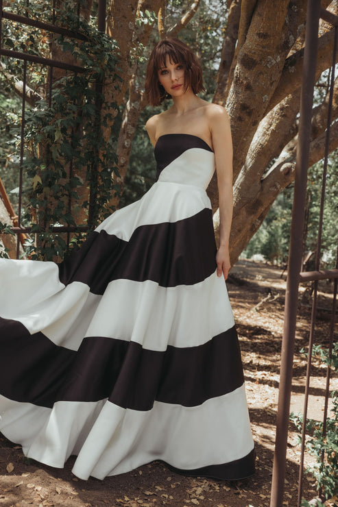 Striped Satin Ball Gown with Strapless Neckline | Mac Duggal Dress 56190