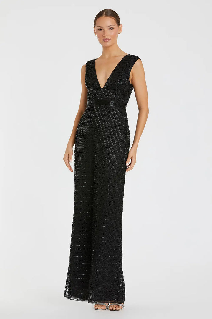 V-Neck Beaded Column Gown with Cap Sleeves | Mac Duggal Dress 5625