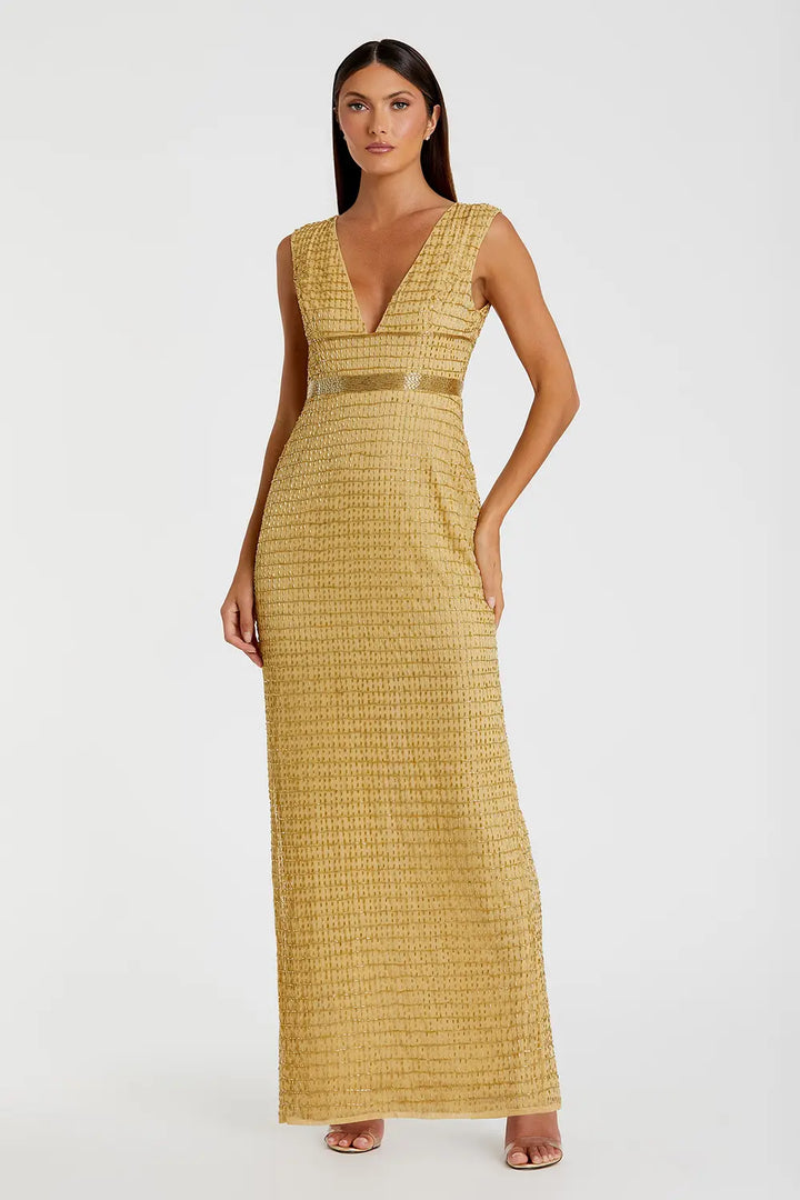 V-Neck Beaded Column Gown with Cap Sleeves | Mac Duggal Dress 5625