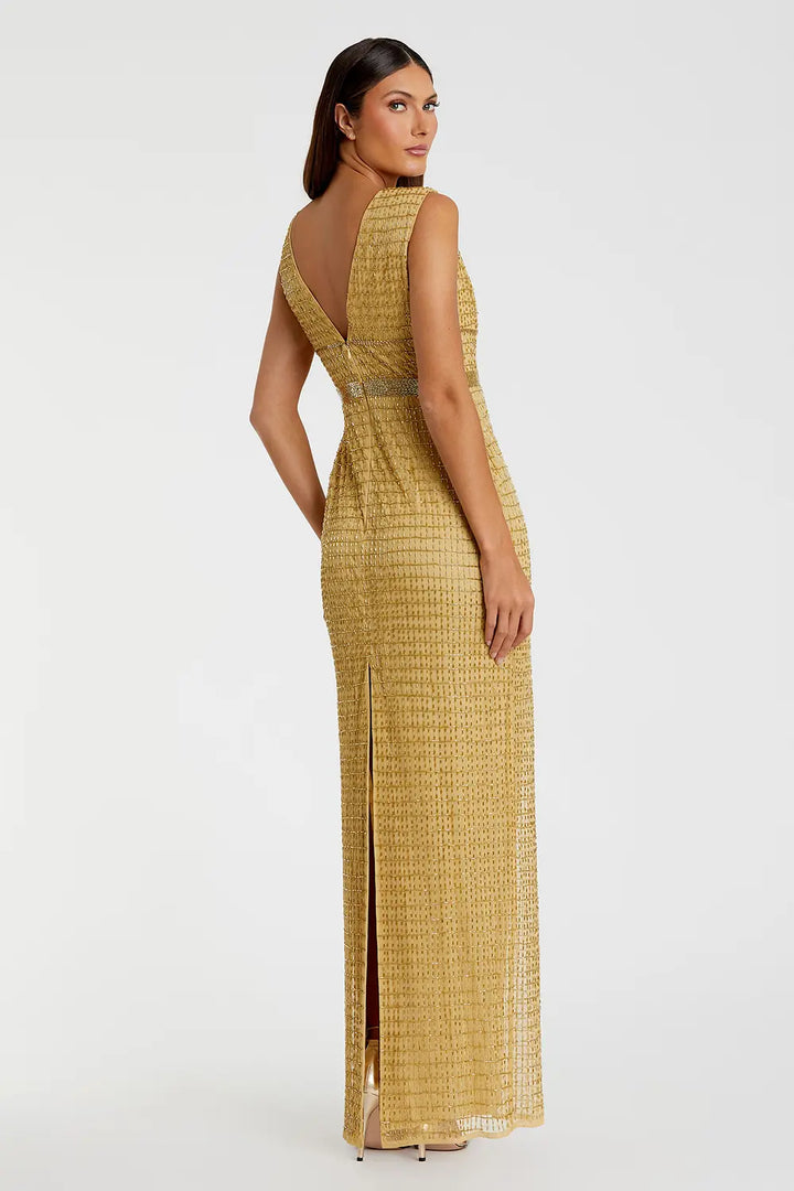 V-Neck Beaded Column Gown with Cap Sleeves | Mac Duggal Dress 5625