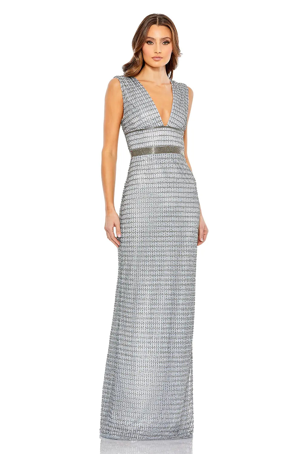 V-Neck Beaded Column Gown with Cap Sleeves | Mac Duggal Dress 5625