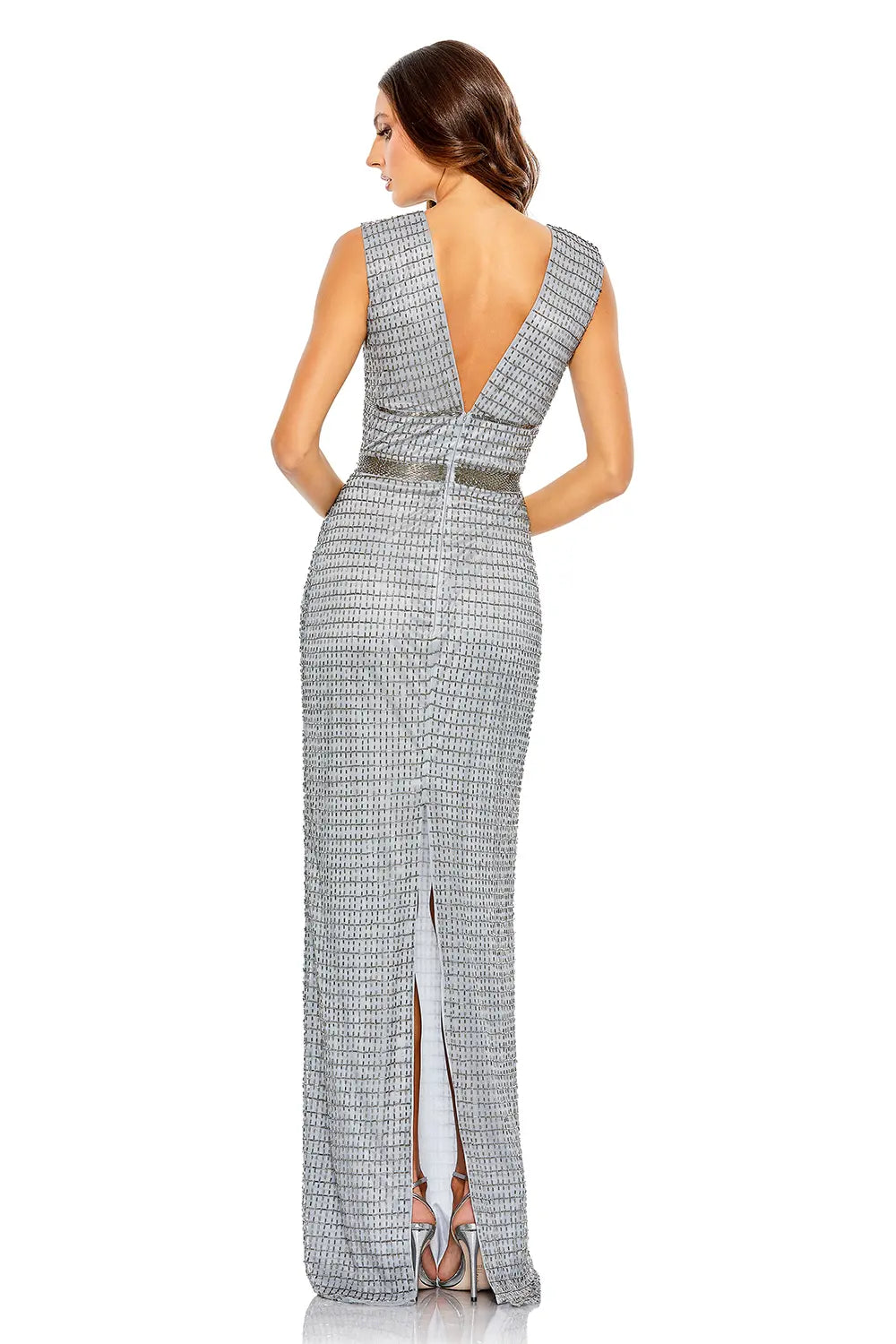 V-Neck Beaded Column Gown with Cap Sleeves | Mac Duggal Dress 5625