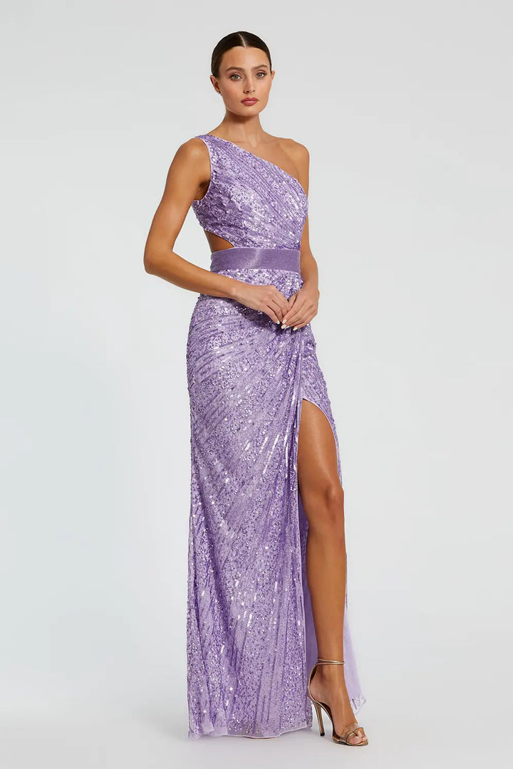 One-Shoulder Sequined Draped Lace-Up Gown | Mac Duggal Dress 5687