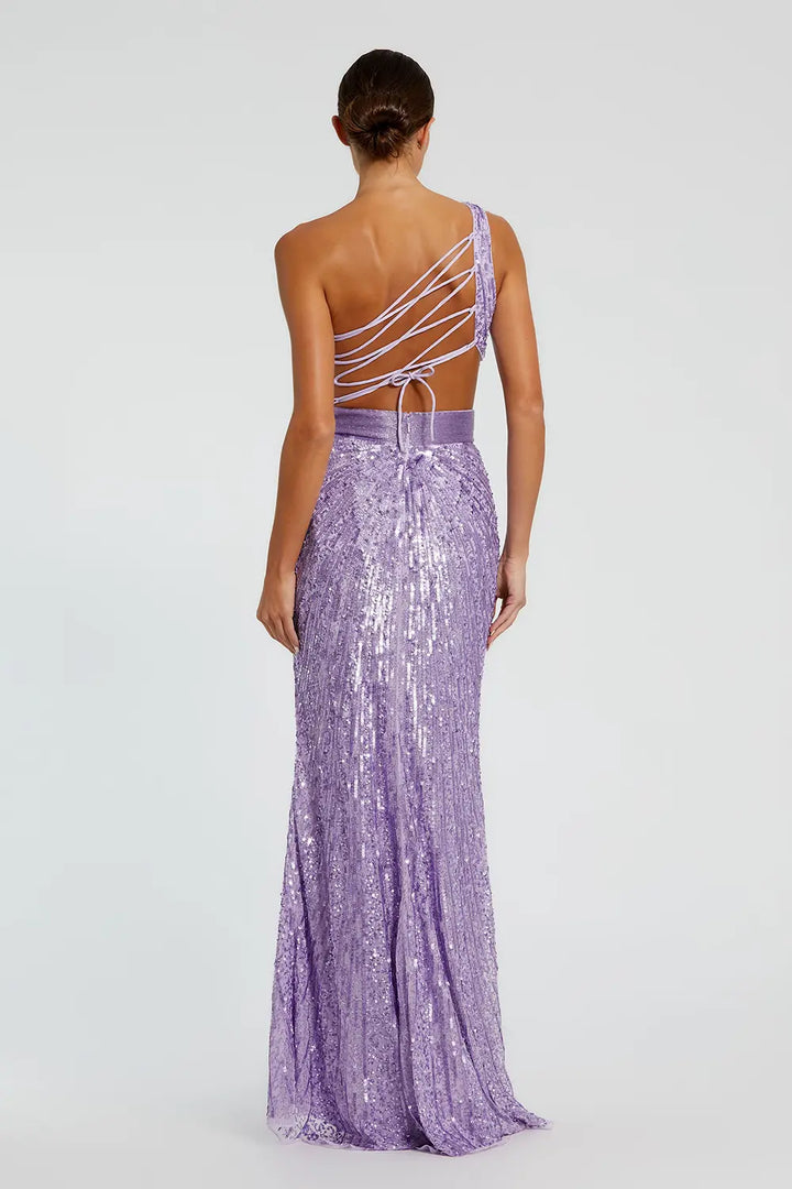 One-Shoulder Sequined Draped Lace-Up Gown | Mac Duggal Dress 5687
