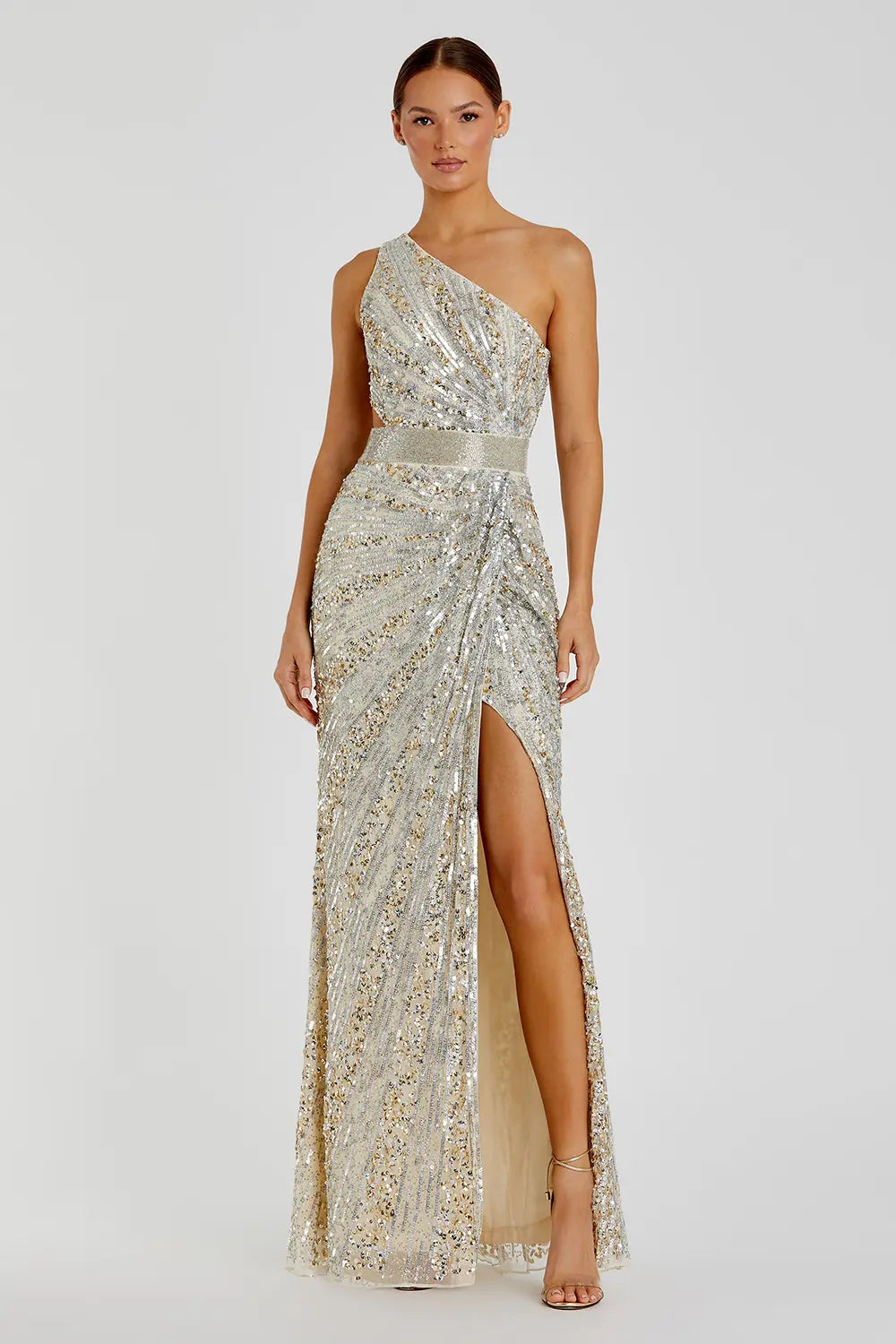 One-Shoulder Sequined Draped Lace-Up Gown | Mac Duggal Dress 5687