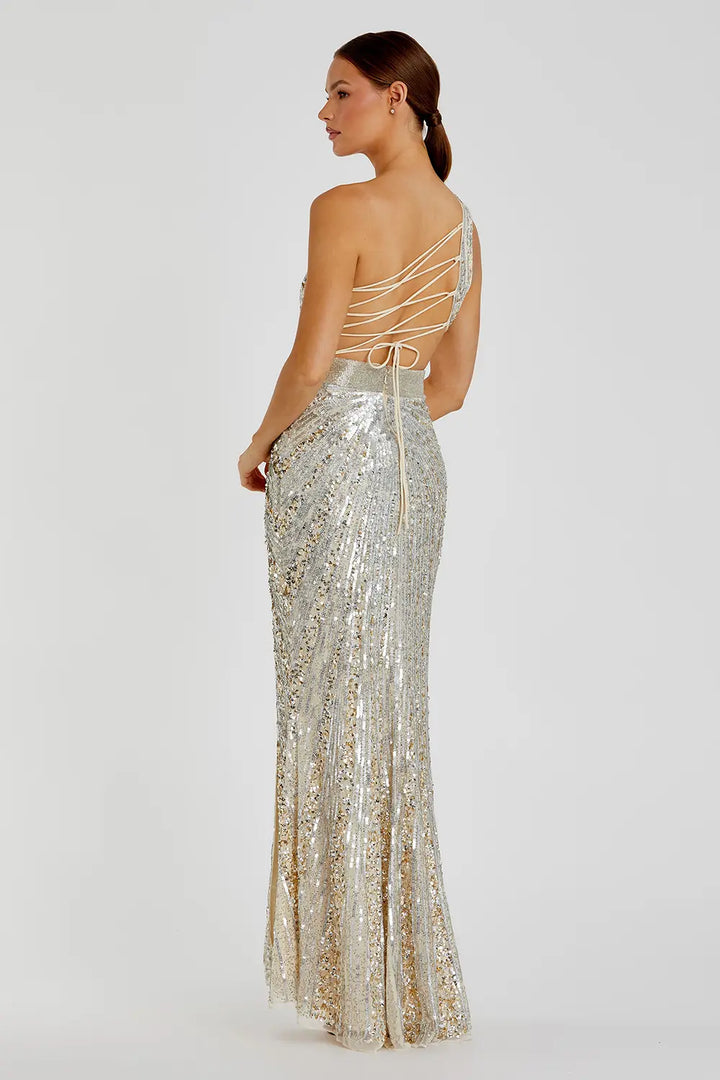 One-Shoulder Sequined Draped Lace-Up Gown | Mac Duggal Dress 5687