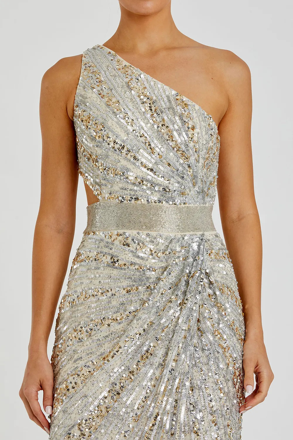 One-Shoulder Sequined Draped Lace-Up Gown | Mac Duggal Dress 5687