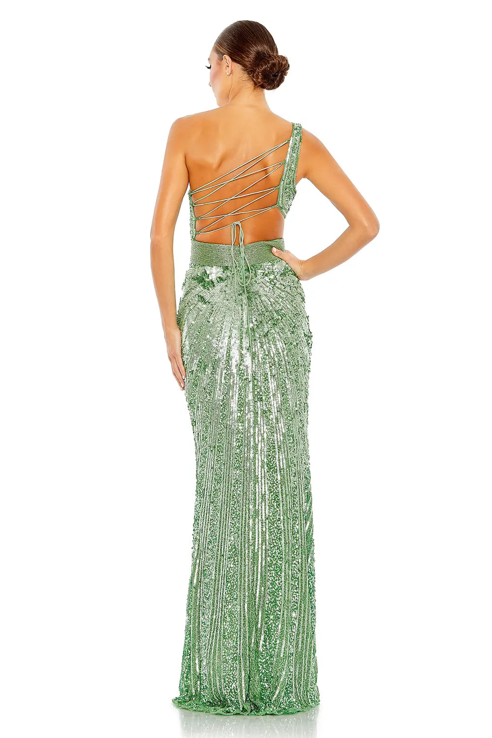 One-Shoulder Sequined Draped Lace-Up Gown | Mac Duggal Dress 5687