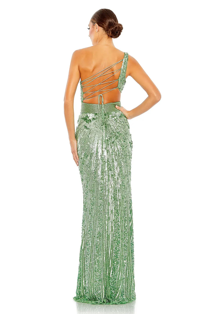 One-Shoulder Sequined Draped Lace-Up Gown | Mac Duggal Dress 5687