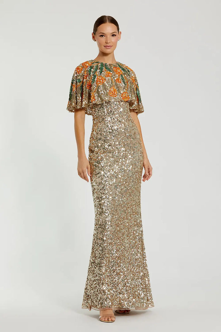 Floral Beaded Shawl Evening Gown | Mac Duggal Dress 6120