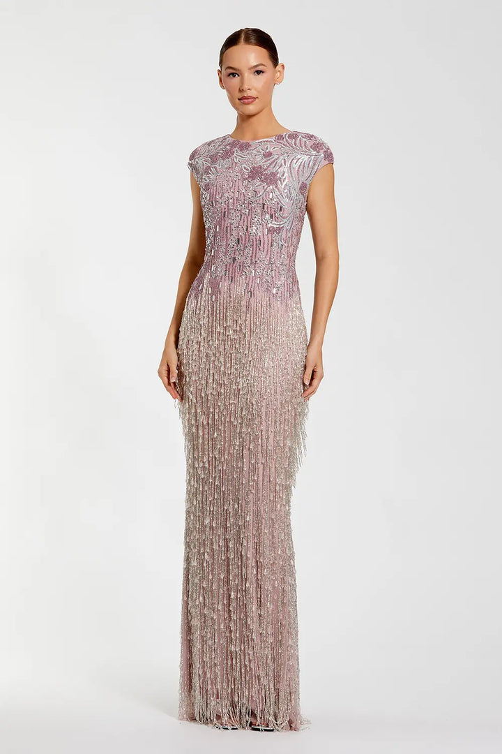 Fringe Beaded Cap Sleeve Evening Gown | Mac Duggal Dress 6169