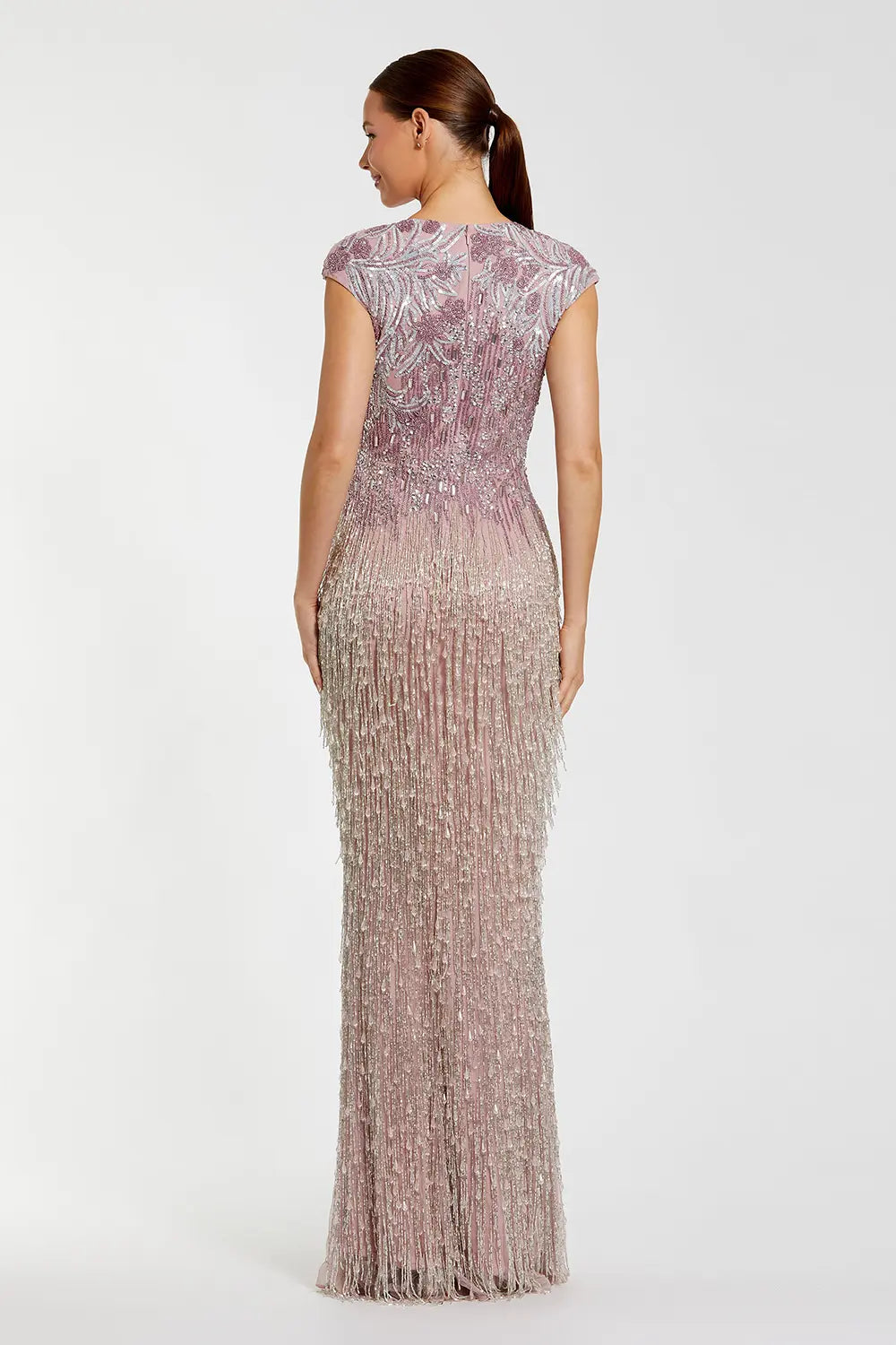 Fringe Beaded Cap Sleeve Evening Gown | Mac Duggal Dress 6169