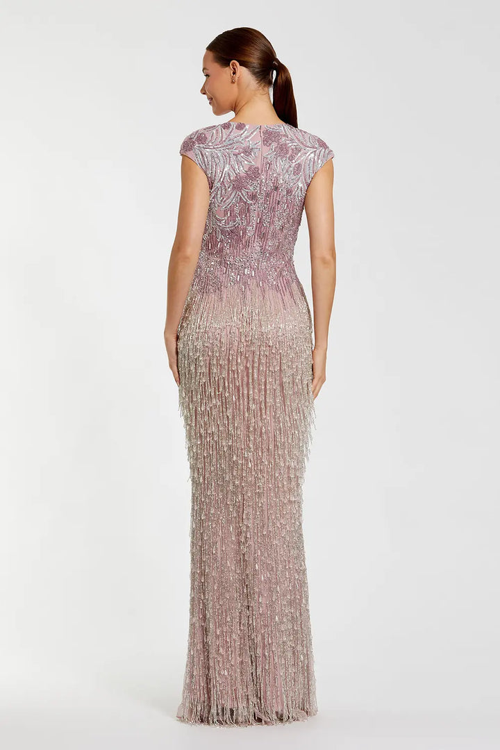 Fringe Beaded Cap Sleeve Evening Gown | Mac Duggal Dress 6169