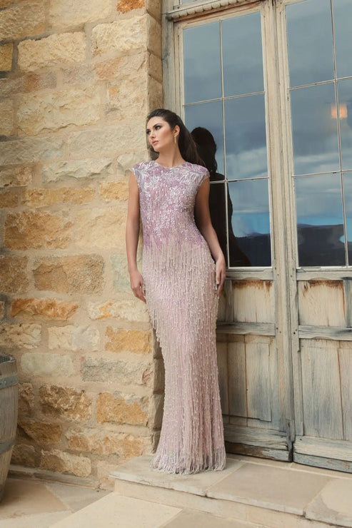 Fringe Beaded Cap Sleeve Evening Gown | Mac Duggal Dress 6169