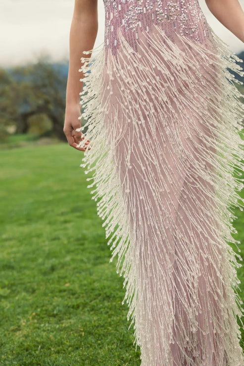 Fringe Beaded Cap Sleeve Evening Gown | Mac Duggal Dress 6169